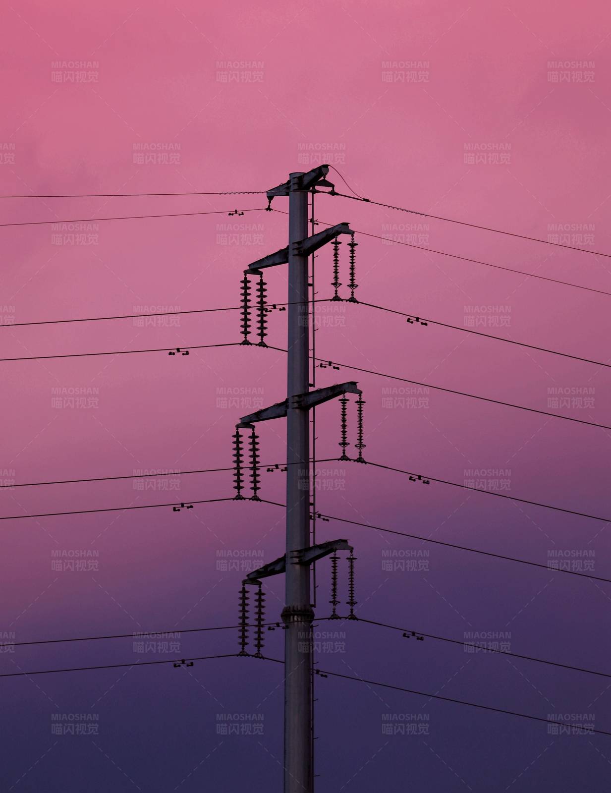 粉色晚霞中的电线杆图片
