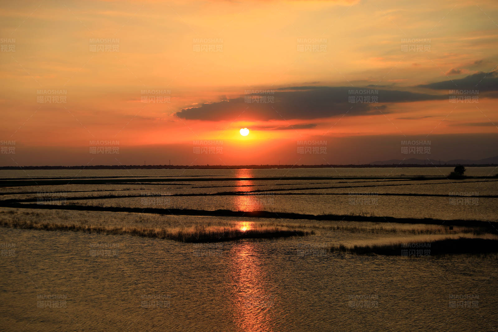 夕阳映照水面图片