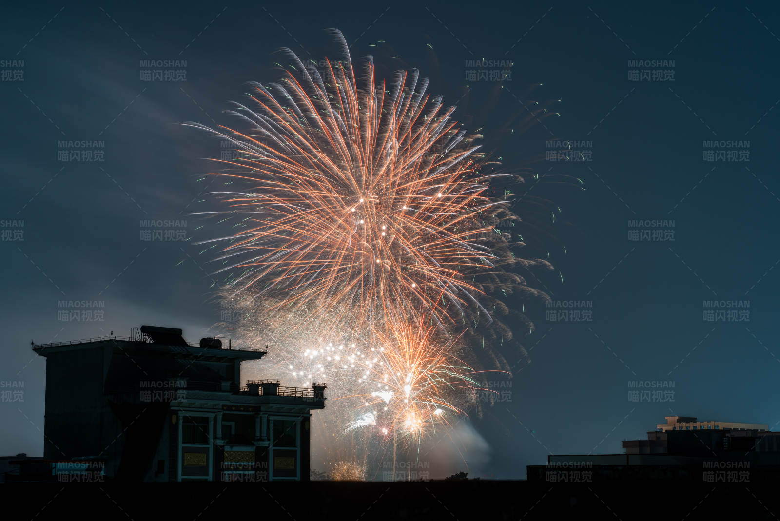 城市上空的烟花绽放图片