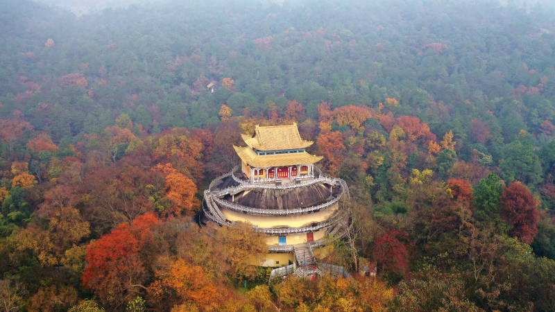 航拍南京溧水深秋森林中的无想寺图片