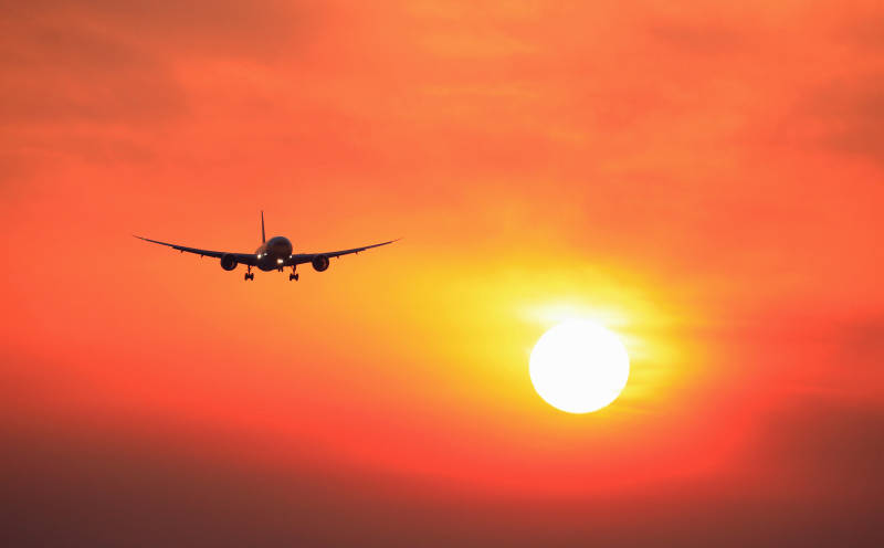 夕阳下的飞机剪影图片