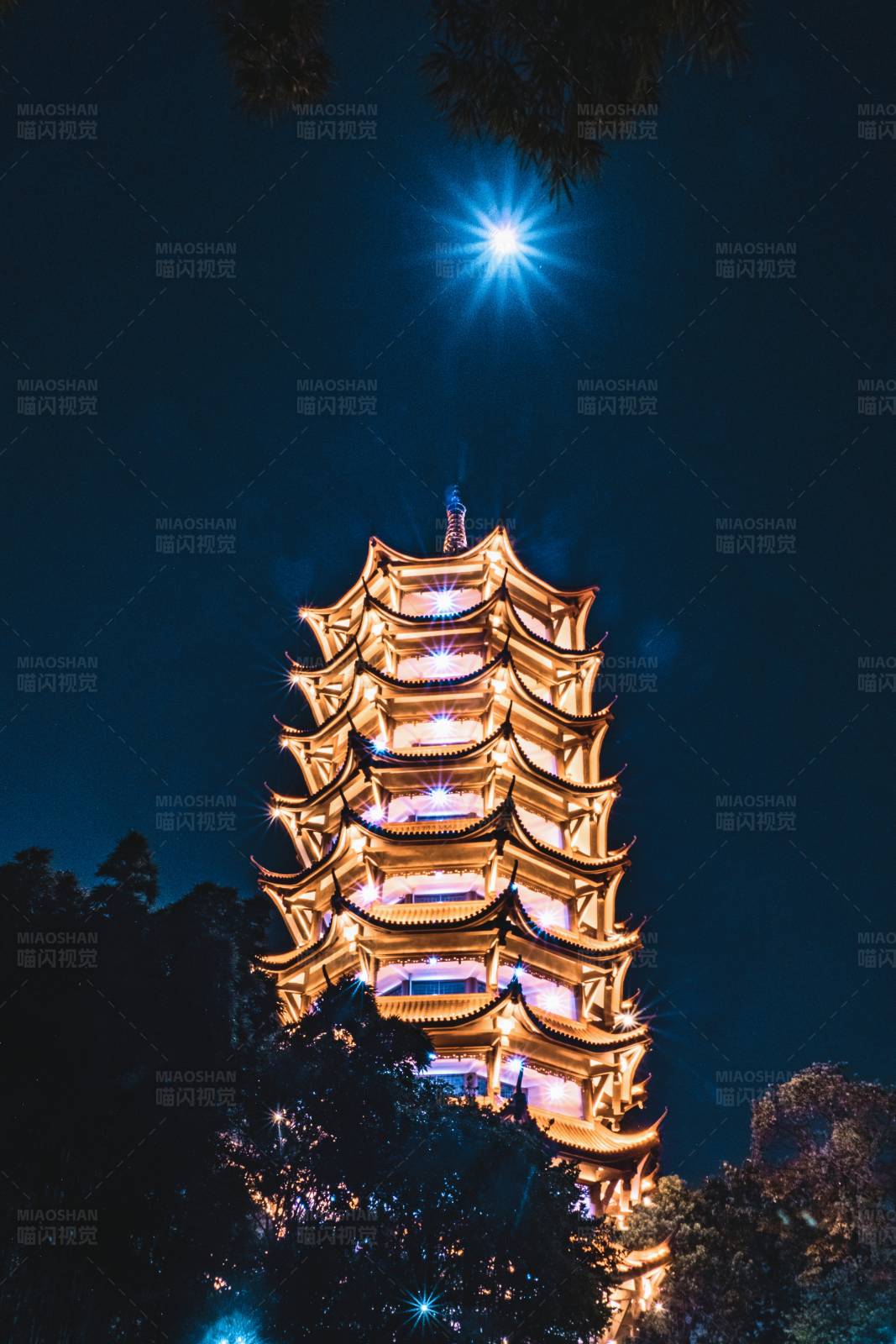 夜色中的金色佛塔图片