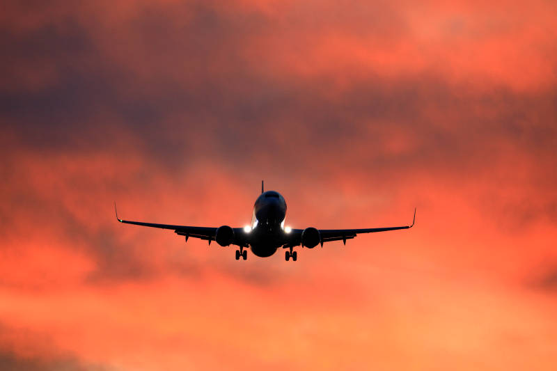 晚霞中起飞的飞机图片