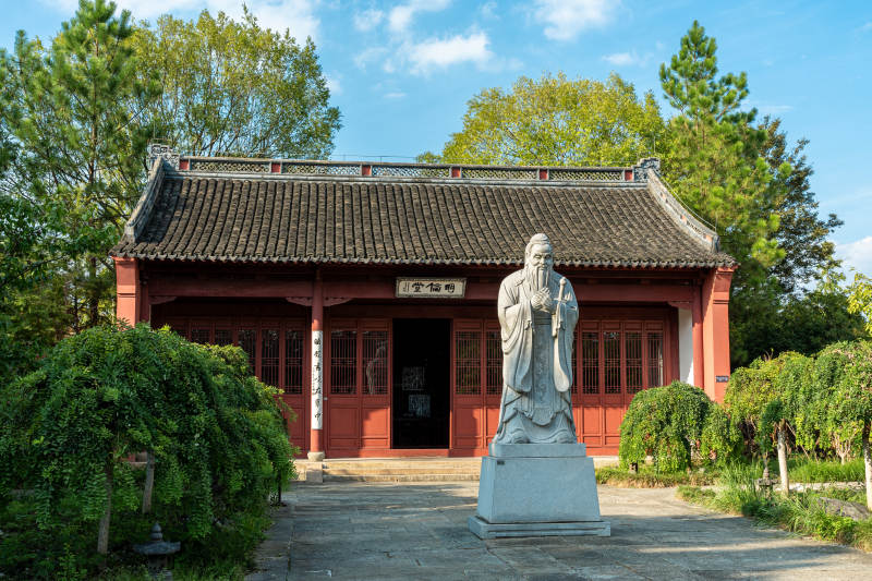孔子雕像与古建筑图片