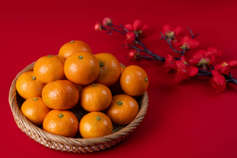 橘子篮子红色背景图片