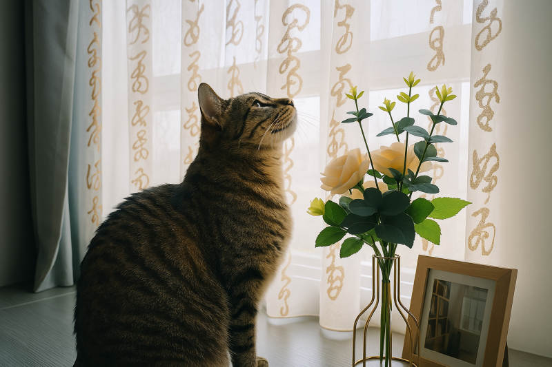 猫咪与花的静谧时光图片