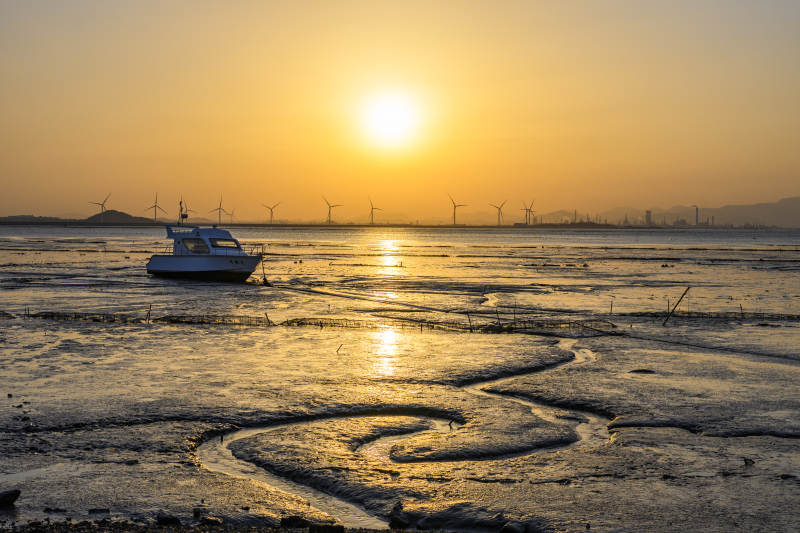 夕阳下的海滩与风车图片