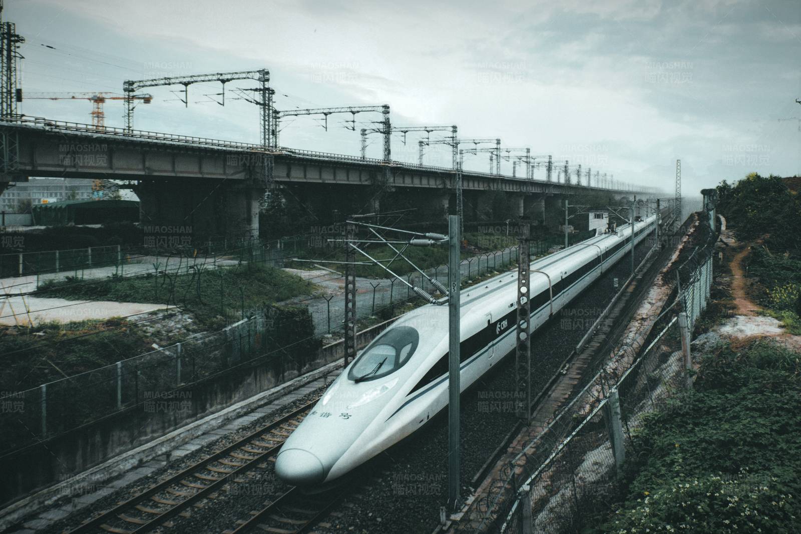 高速列车驶过桥下图片