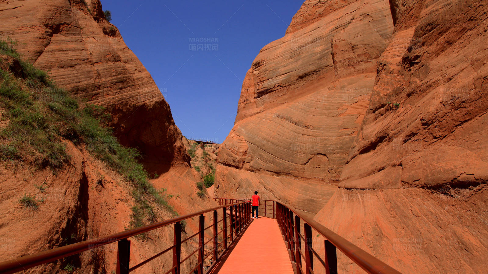 陕西榆林靖边波浪谷景区峡谷红桥独行人图片