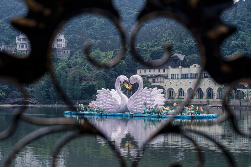 湖上天鹅心形雕塑图片