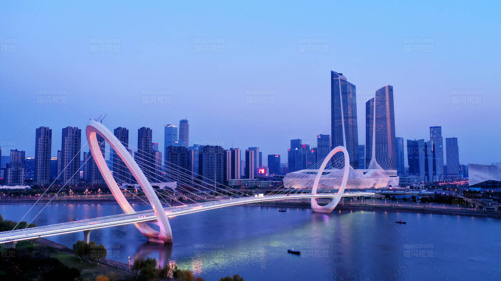 蓝调时刻的南京眼步行桥和保利大剧院图片