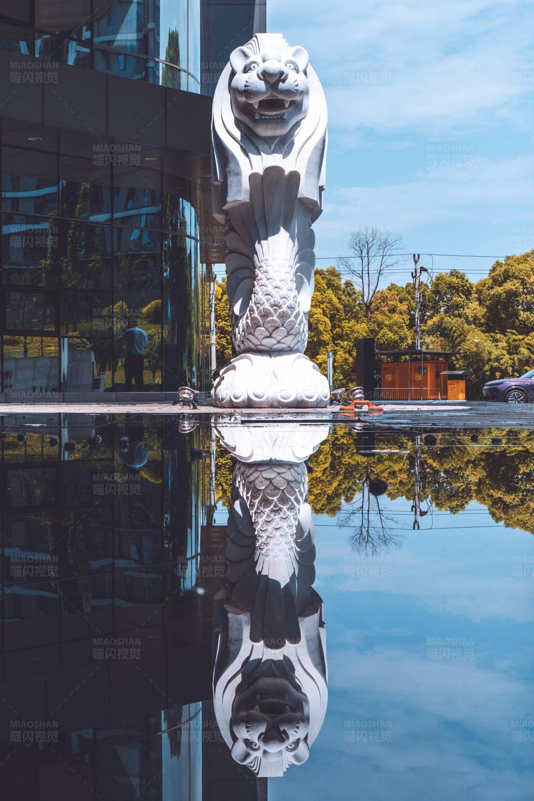 狮头鱼身像倒影图片