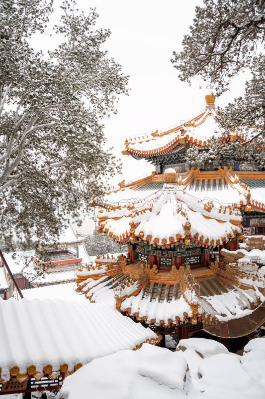 雪中的东方古建筑图片