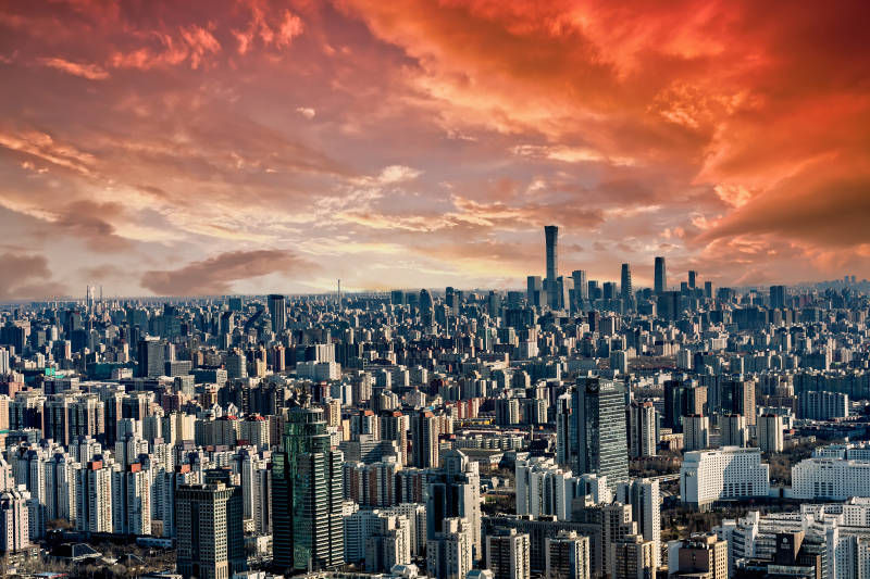 夕阳下的北京天际线图片