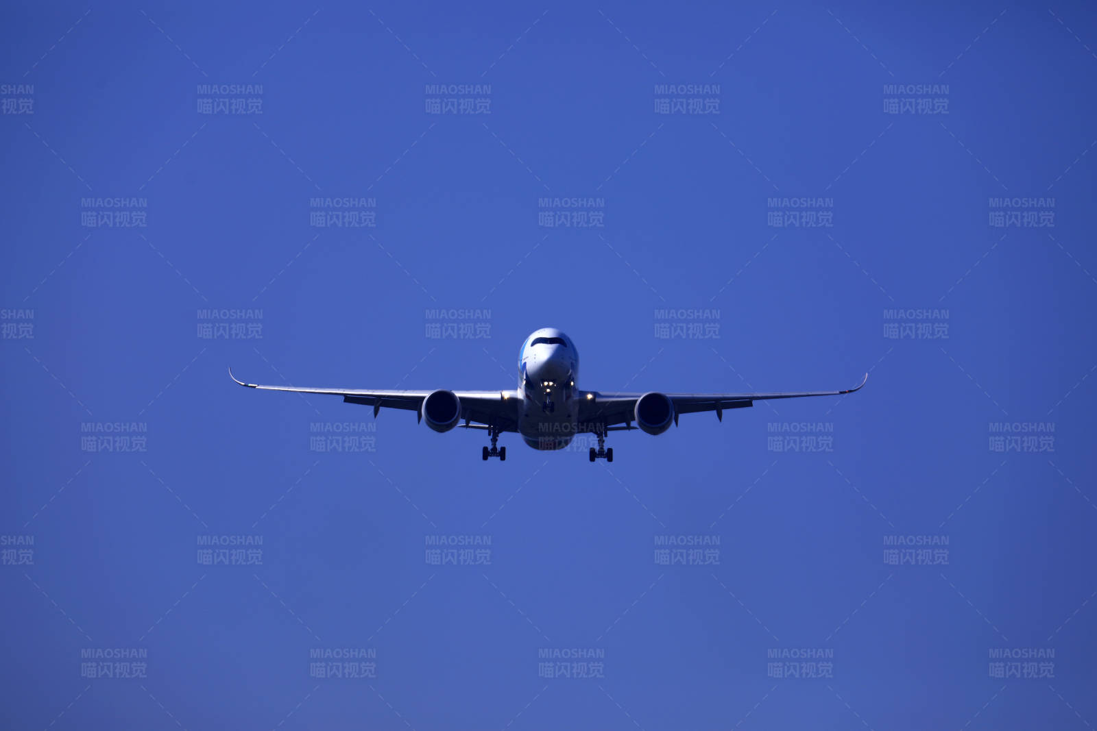 蓝天下降落的飞机正面特写图片