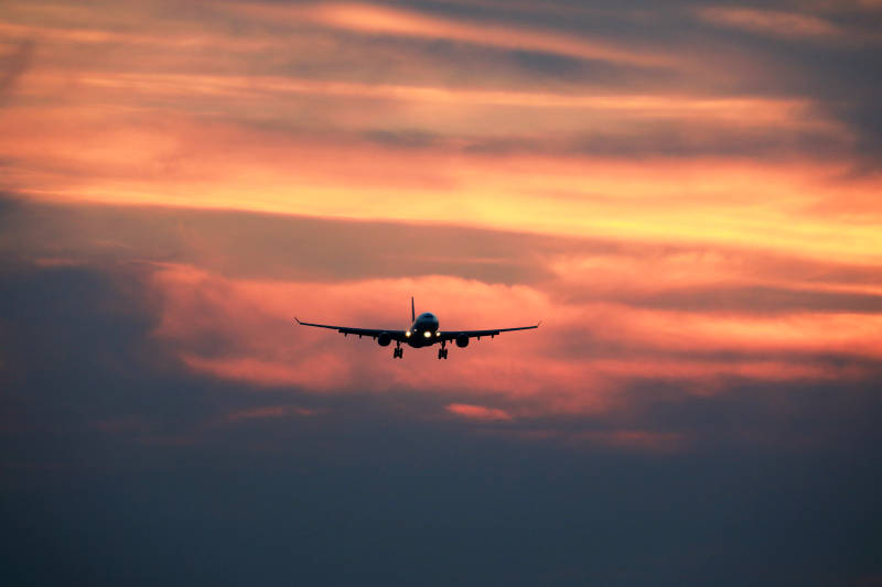 夕阳下的飞机剪影图片