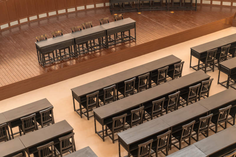 复古教室里桌椅排列图片