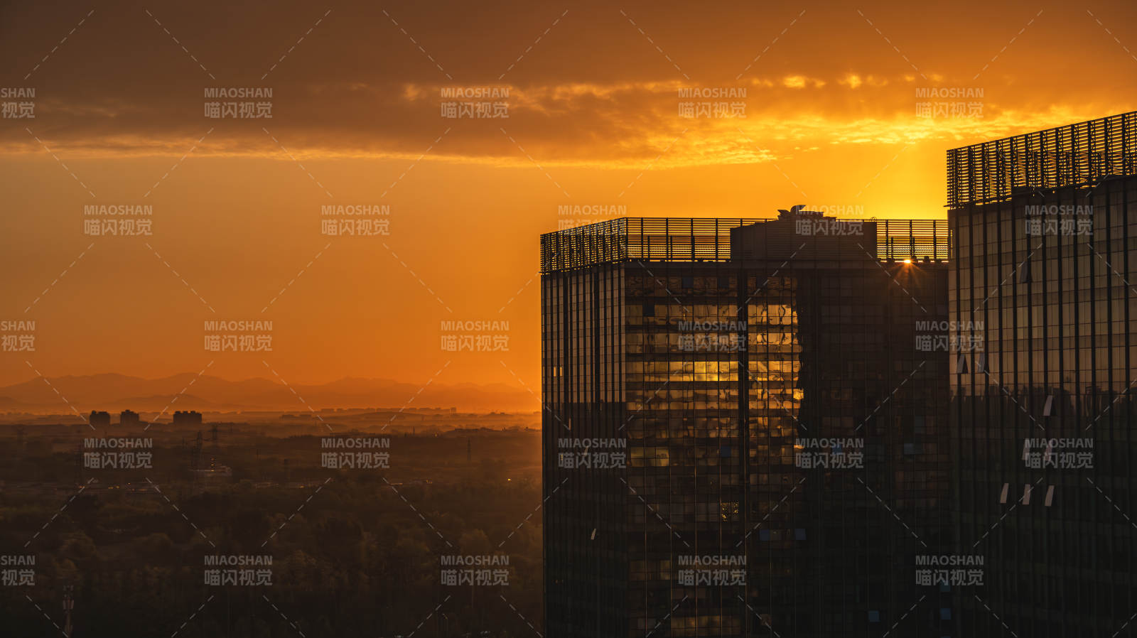 夕阳下的城市剪影图片