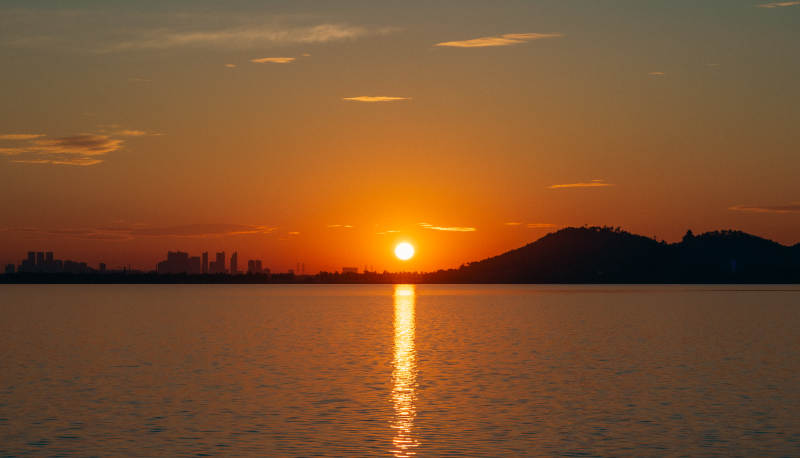 海上日落 城市剪影图片