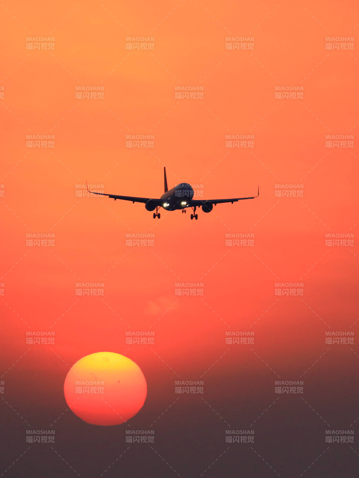 夕阳下的航班图片