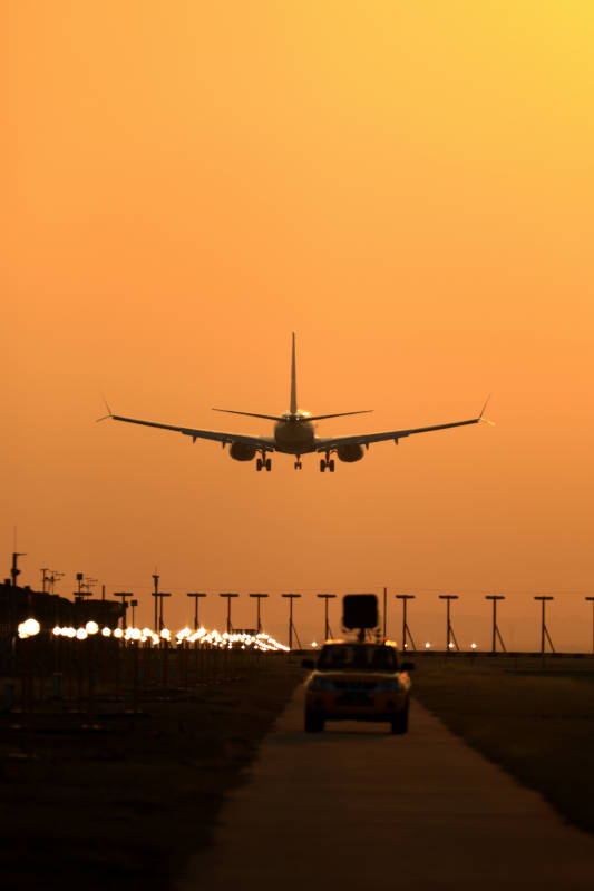 南京禄口国际机场夕阳下的飞机降落图片