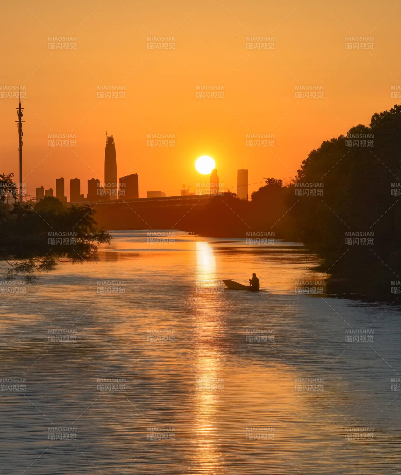夕阳下的城市剪影图片
