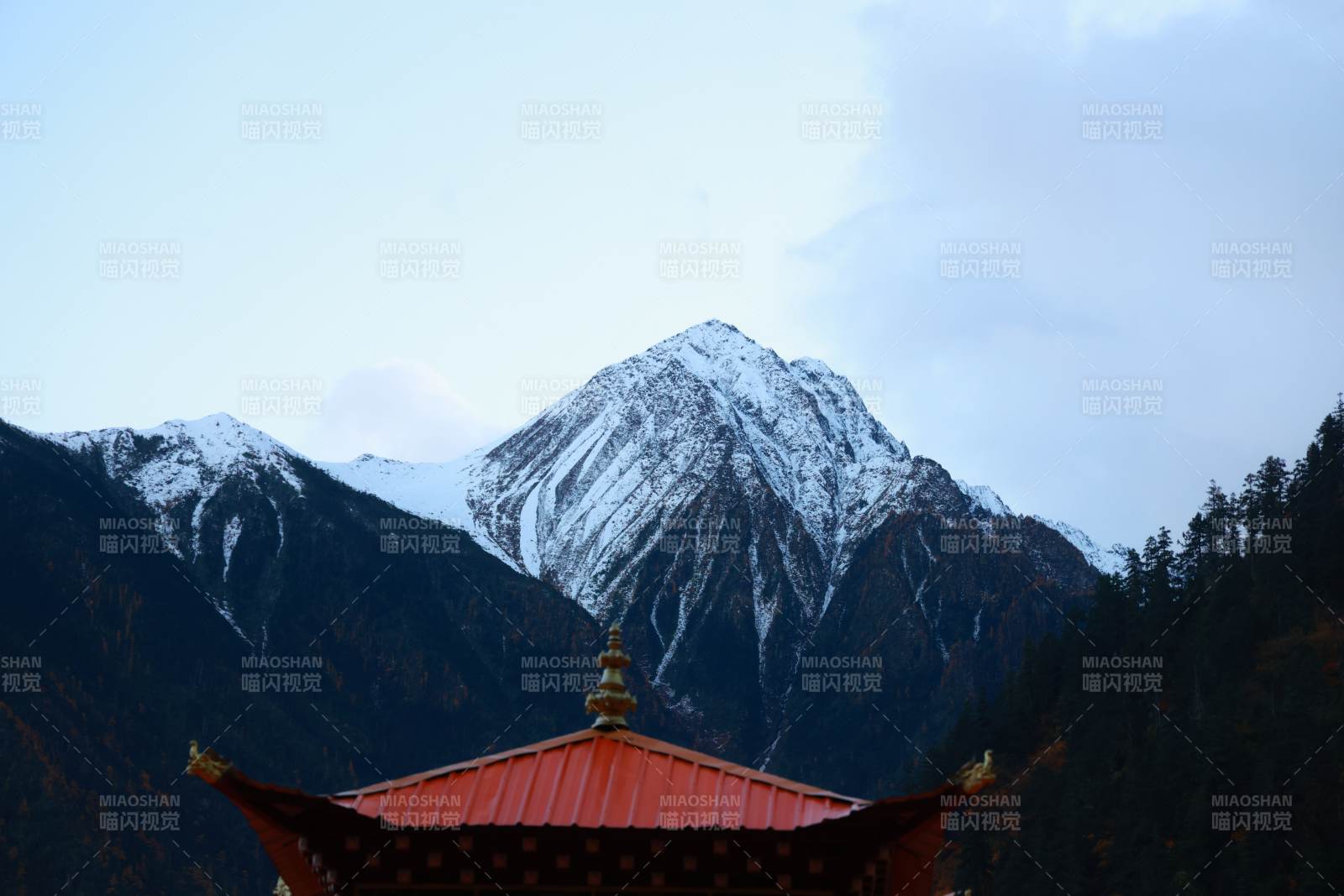 雨崩雪山下的寺庙屋顶图片