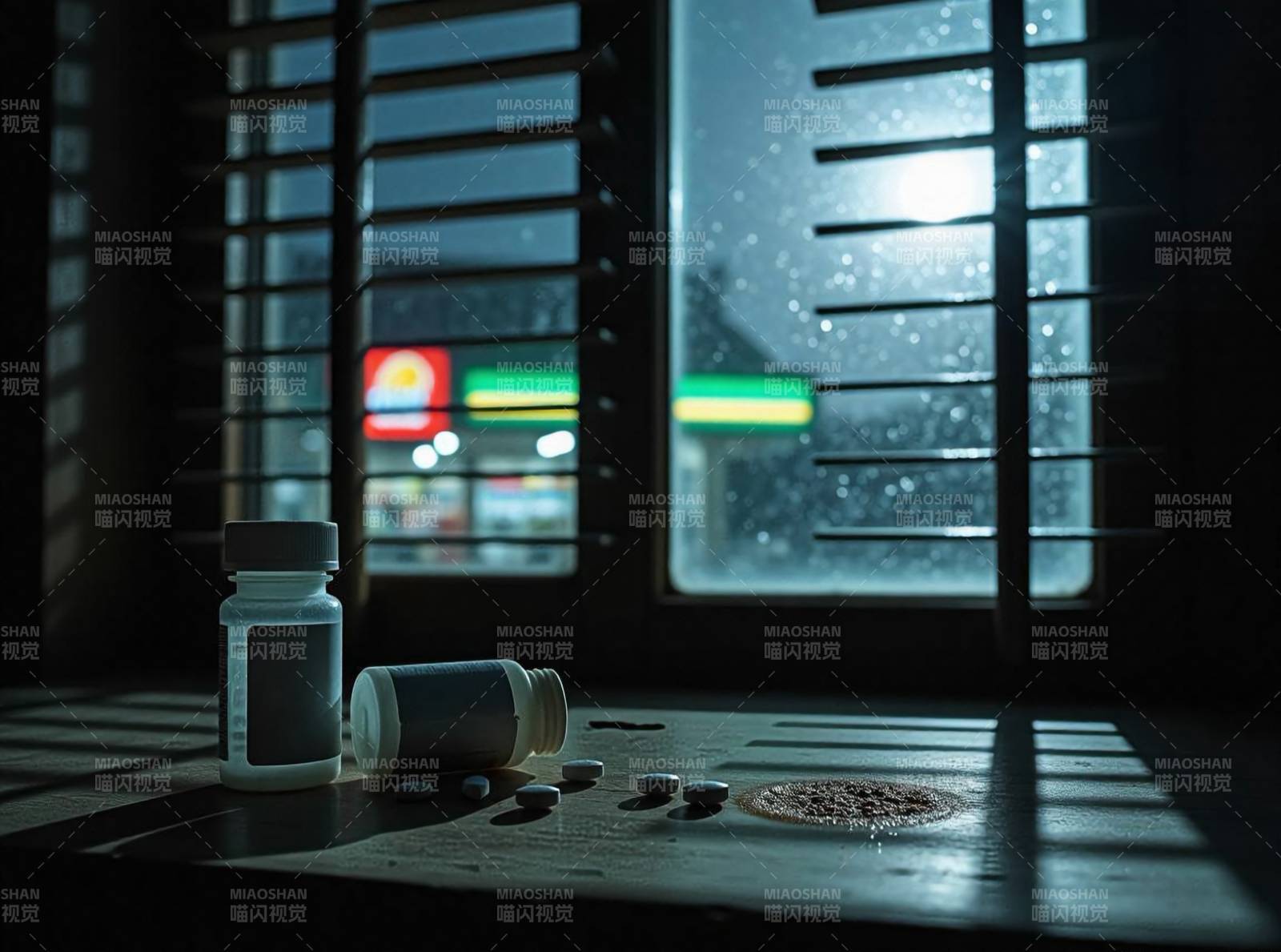 雨夜窗边的药瓶（孤独感）图片