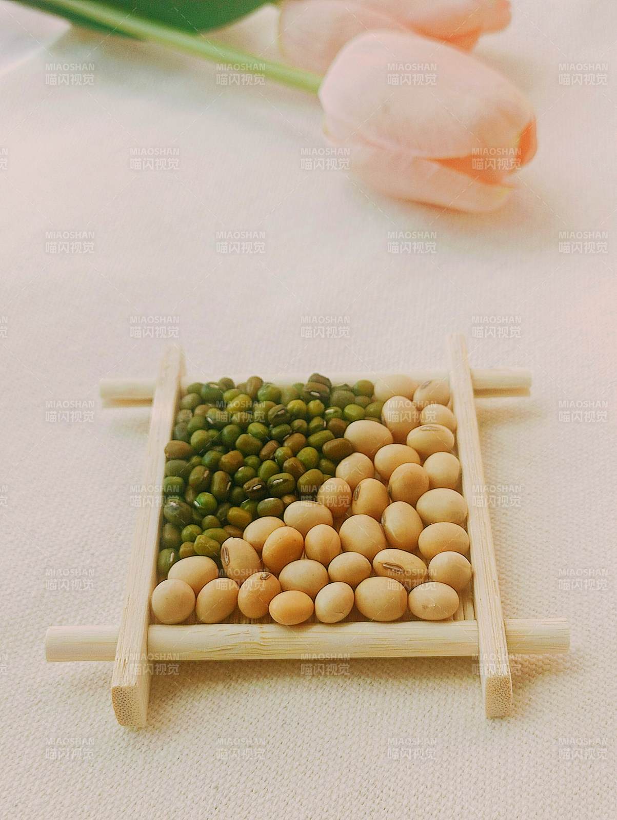 豆类与花的静物图片