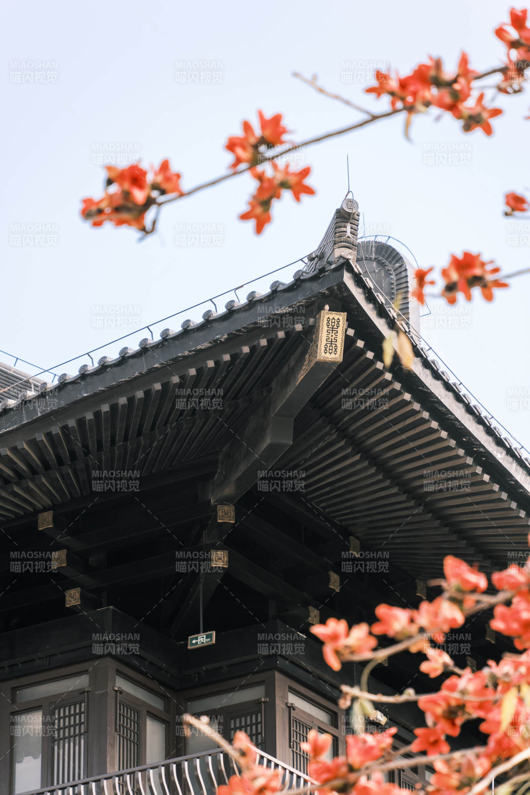 古建筑与红花图片