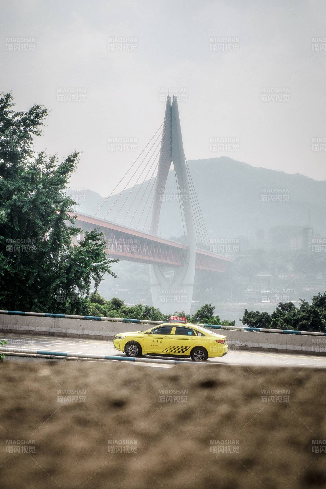 黄出租车与悬索桥图片