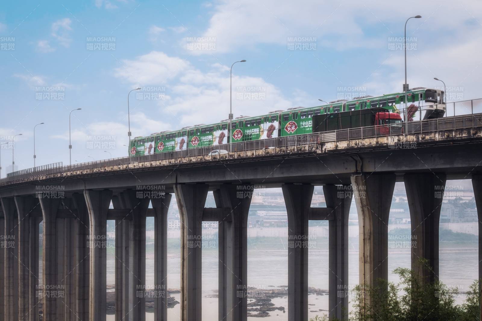 高架桥上的绿色列车图片