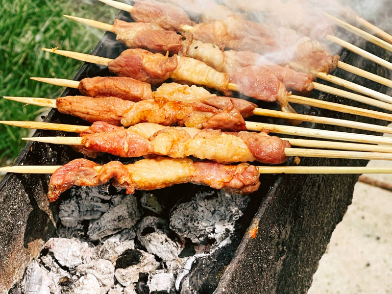 烤羊肉串的夏日野餐图片