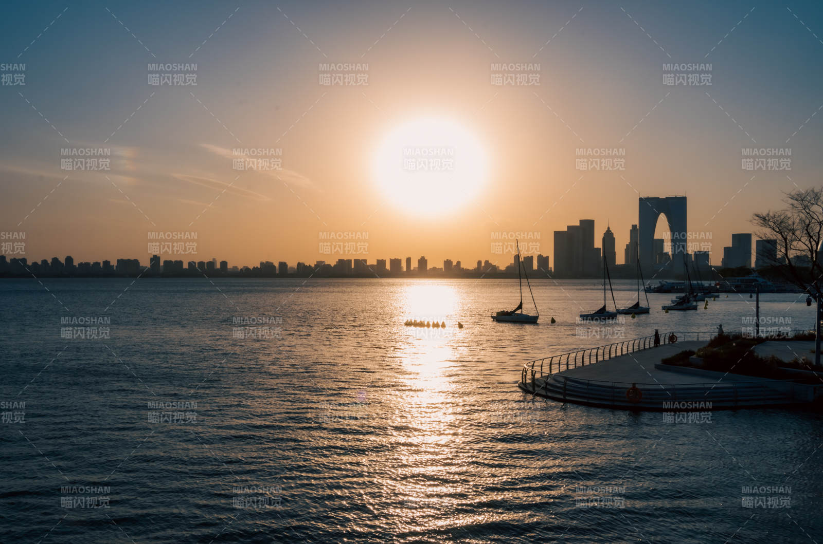 夕阳下的城市剪影图片