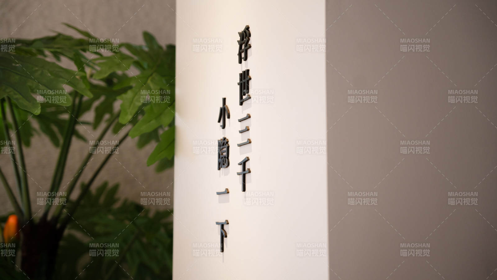 墙上书法与绿植图片