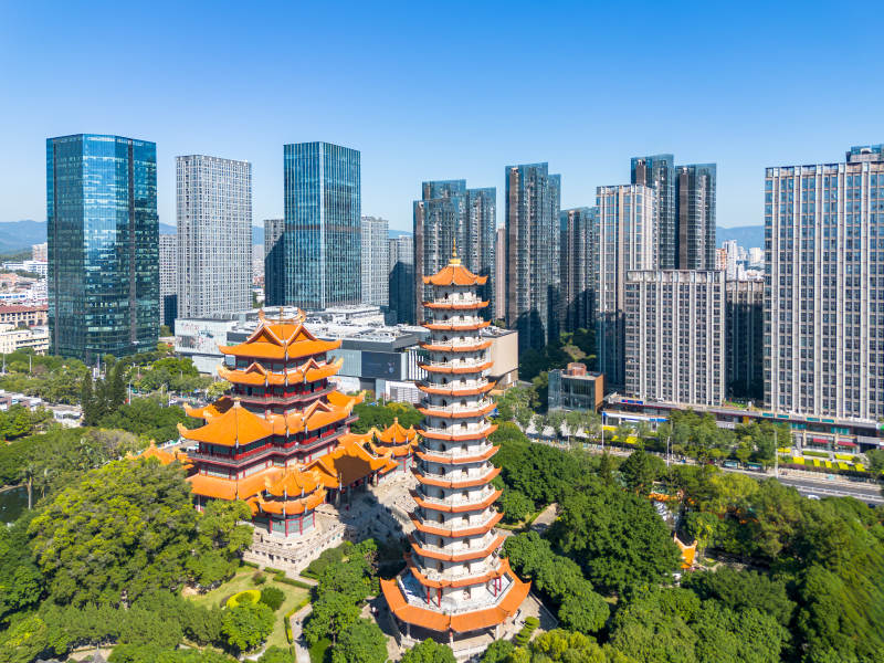 福州西禅寺与现代建筑古今同框图片