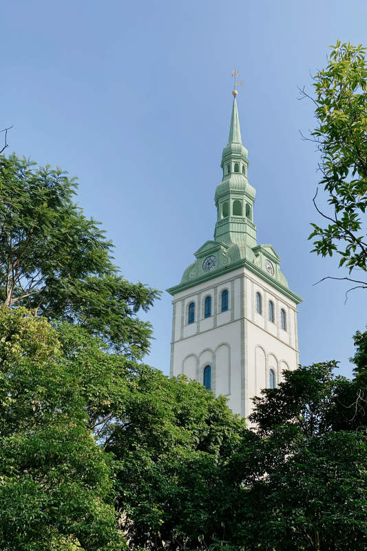 绿树环绕的尖顶教堂塔楼图片