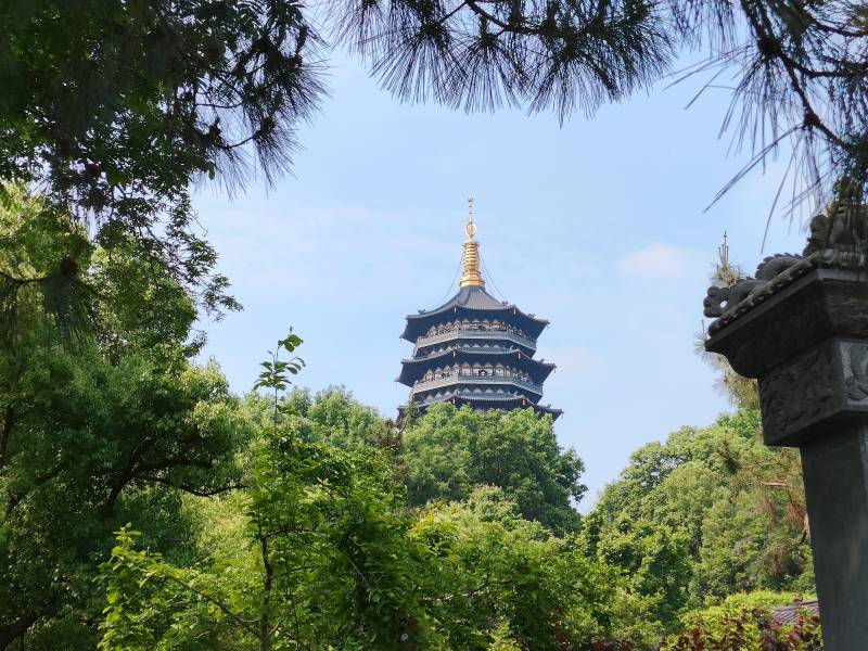 雷峰塔下绿树映蓝天图片