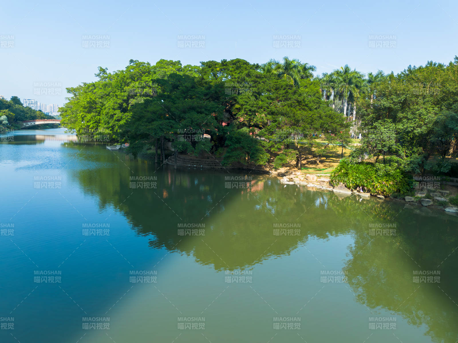 湖畔绿树倒影如画图片