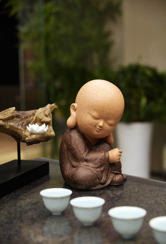 禅意小和尚与茶杯静景图片