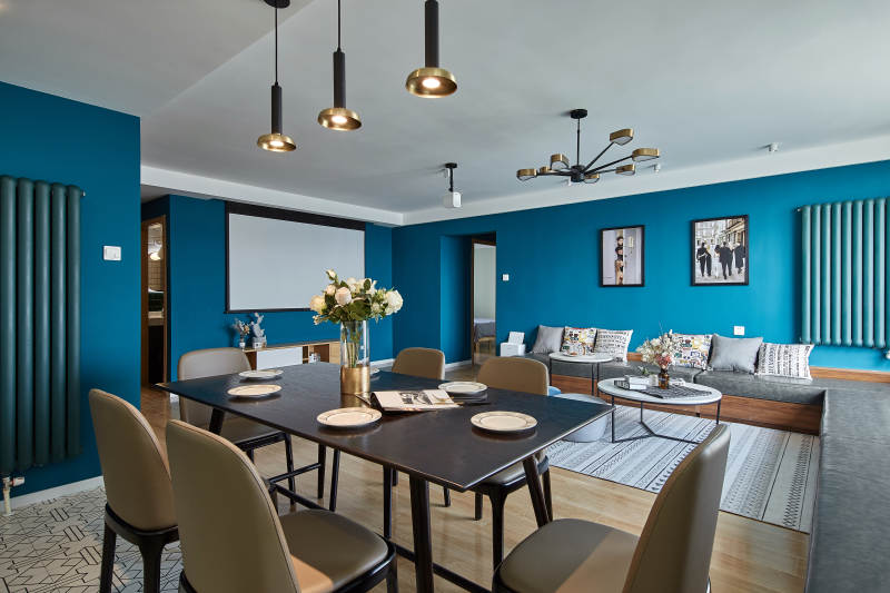 现代蓝色客厅餐厅设计图片