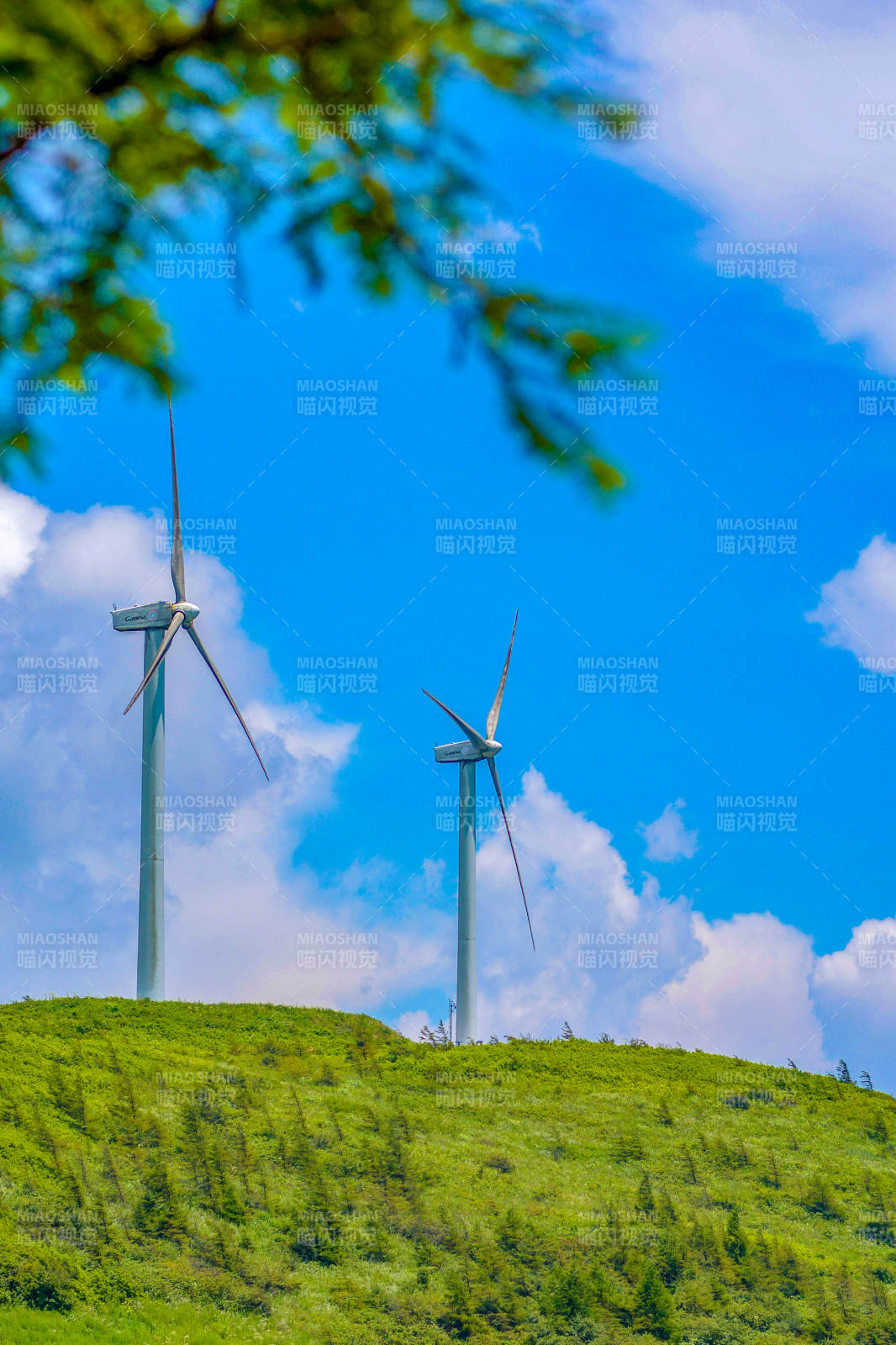 风车绿野蓝天白云景图片