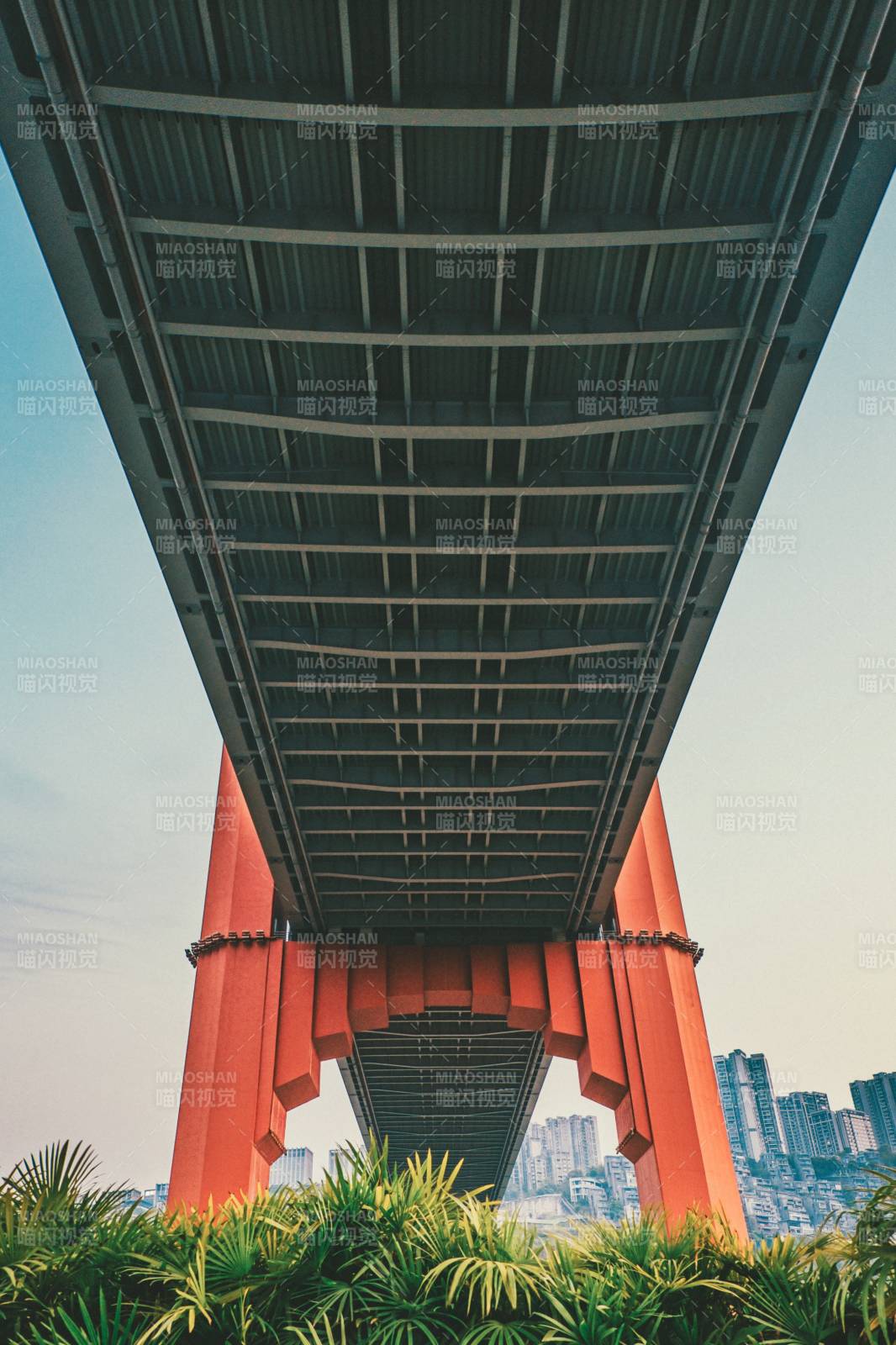 桥下红柱绿植映衬都市图片