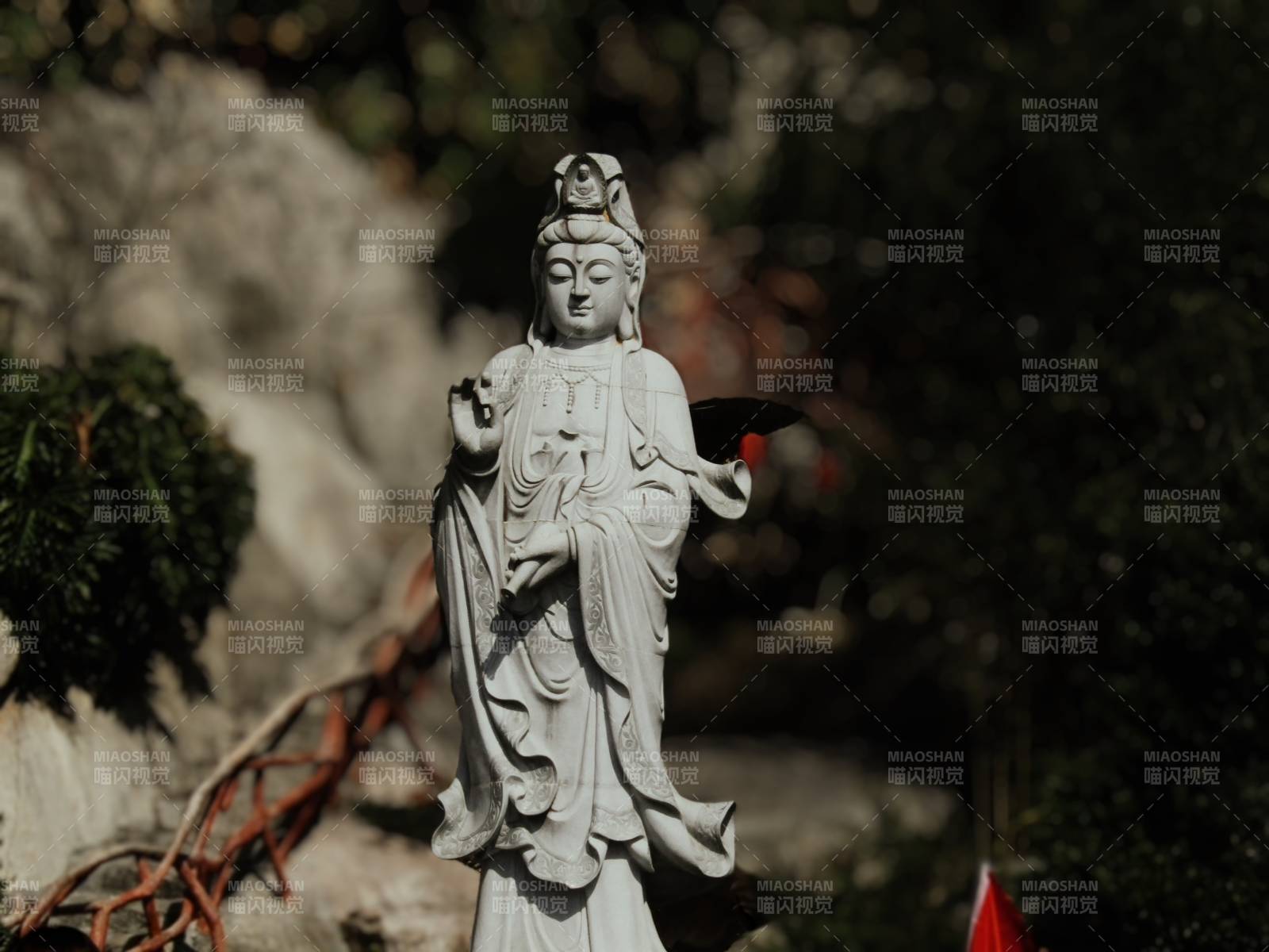 观音雕像静谧庭院中图片