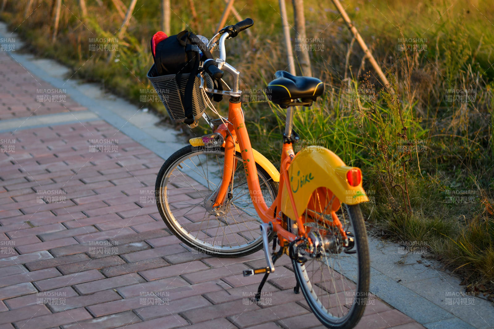 橙色共享单车停在路边图片