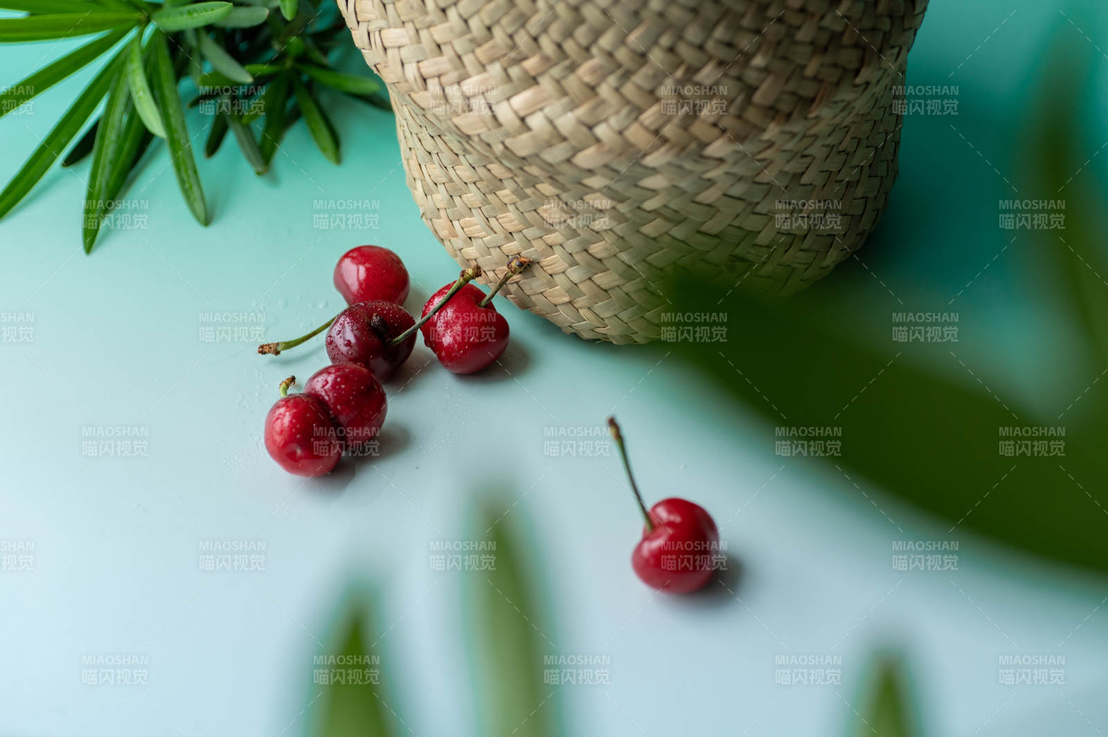 樱桃与绿叶的清新时光图片