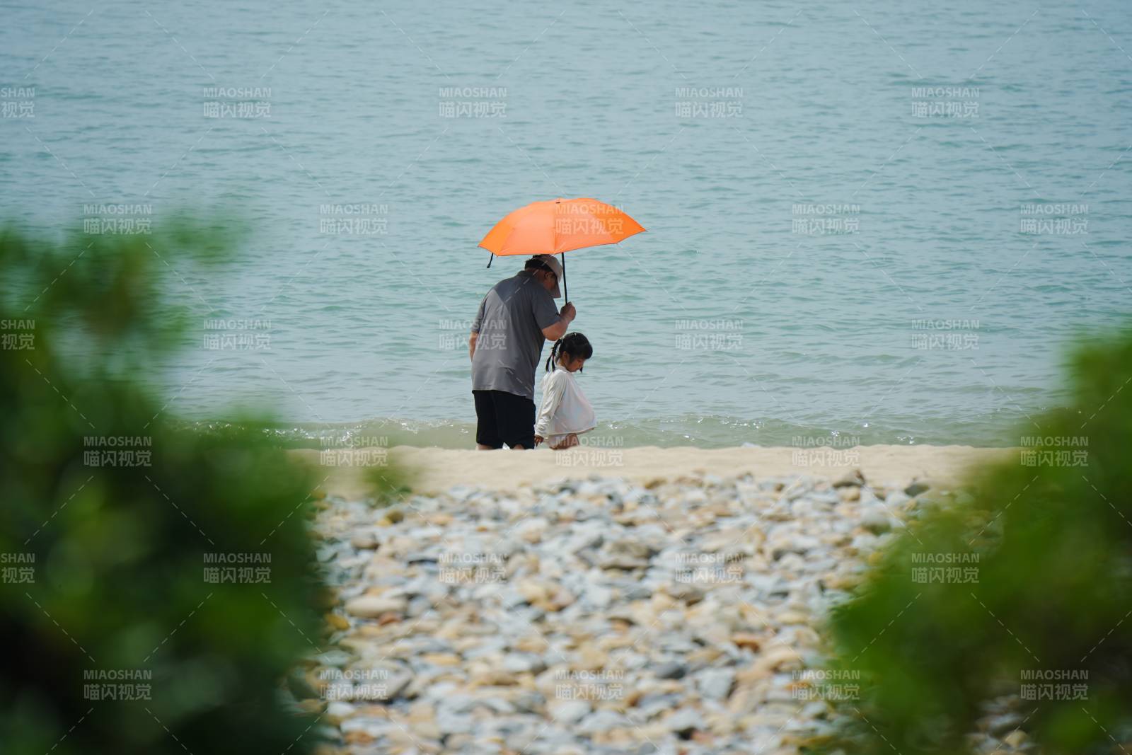 海边伞下温馨时光图片