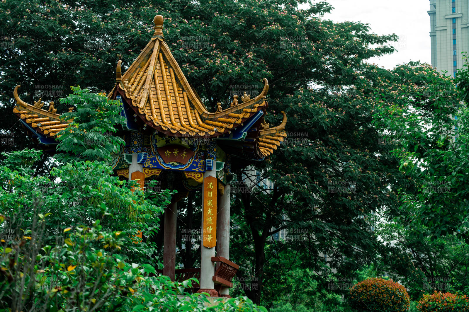 中式亭台绿树环绕图片