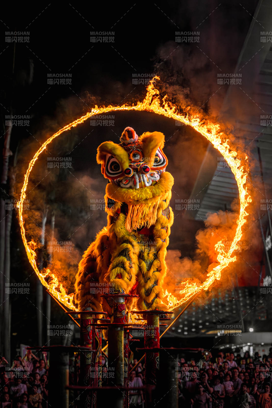 火环中的舞狮表演图片