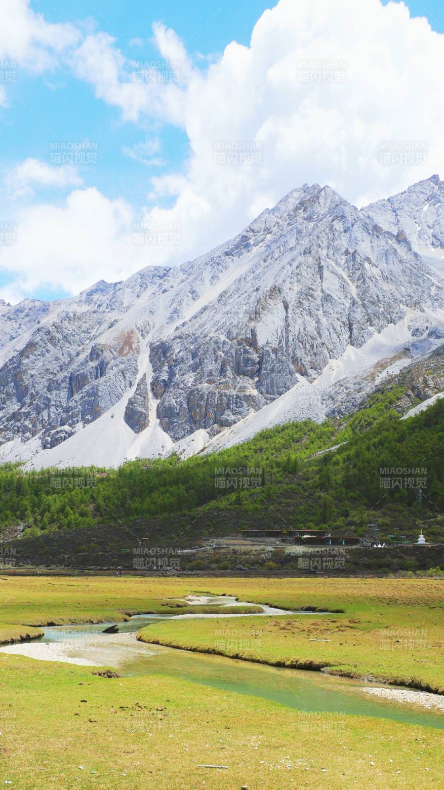 稻城亚丁雪山绿谷溪流蜿蜒图片